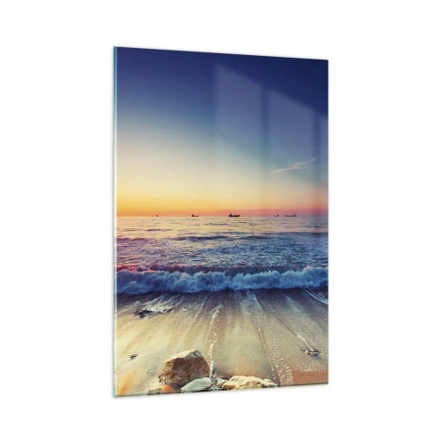 Cuadro sobre vidrio - Impresiones sobre Vidrio - Puesta de sol sobre un mar tranquilo con olas - 80x120cm - ¿Y qué hay tras el horizonte? - Decoración de pared moderna para salón y dormitorio ARTTOR