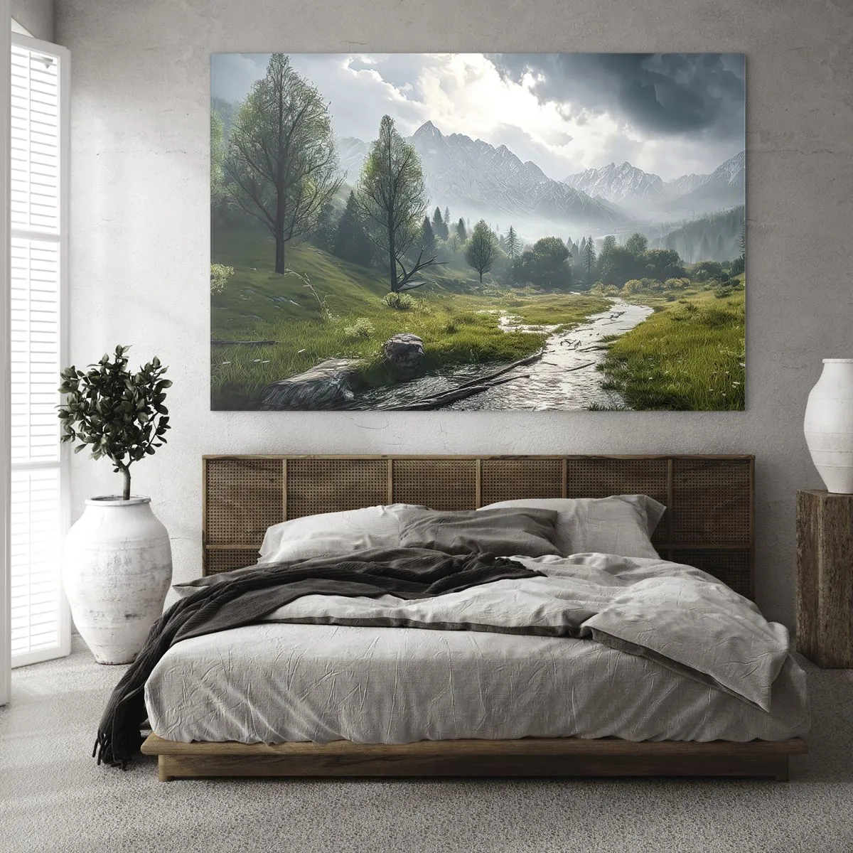 Cuadro sobre vidrio - Impresiones sobre Vidrio - Un paisaje de montaña con un arroyo y un valle verde por la mañana. - 70x50cm - De ida y vuelta - Decoración de pared moderna para salón y dormitorio ARTTOR