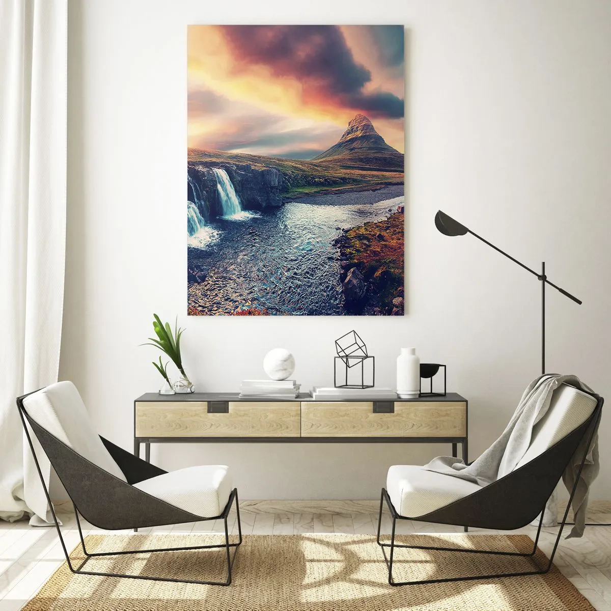 Cuadro sobre vidrio - Impresiones sobre Vidrio - Vista de la cascada y la montaña a la luz del sol poniente. - 70x100cm - En la majestuosidad de la naturaleza - Decoración de pared moderna para salón y dormitorio ARTTOR