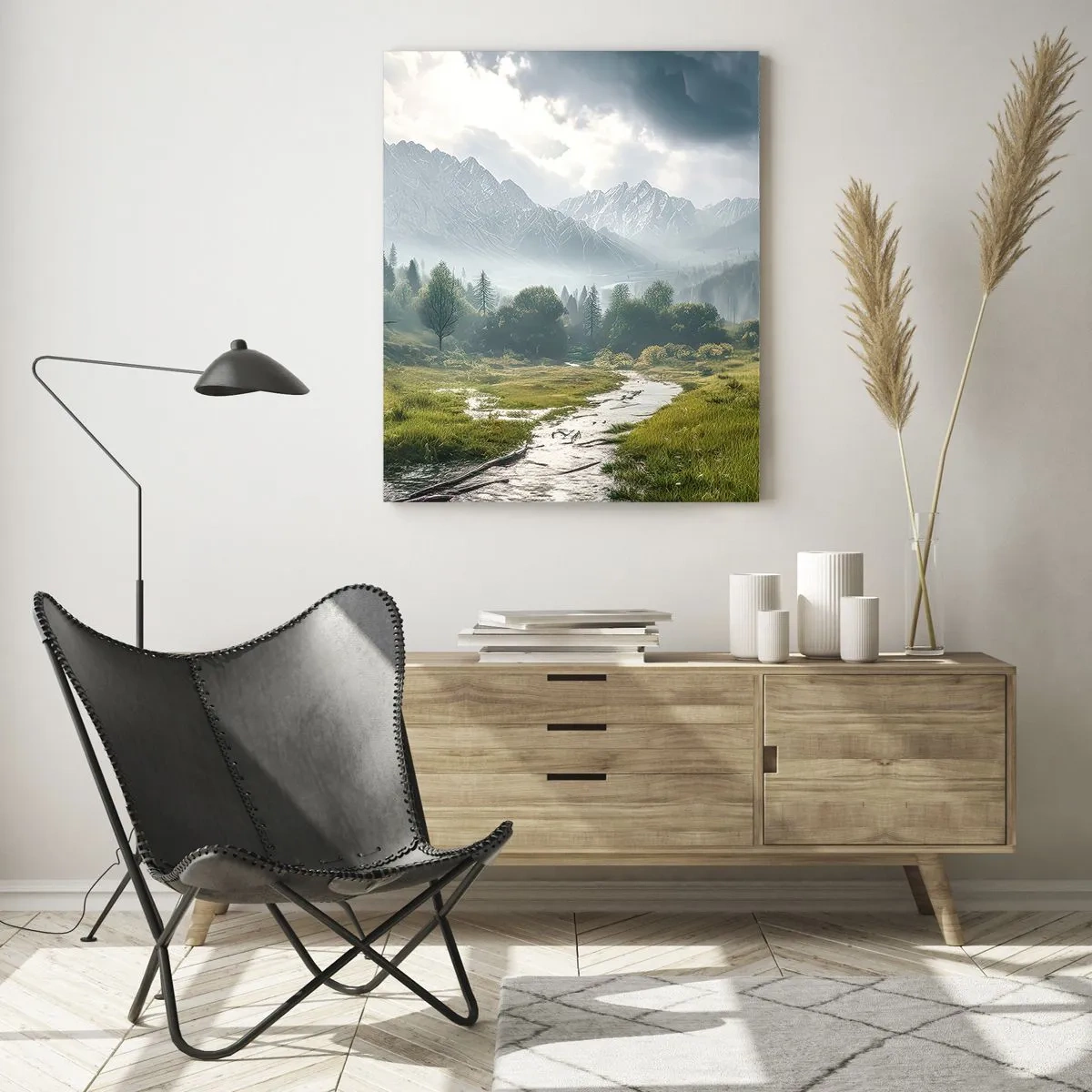 Cuadro sobre vidrio - Impresiones sobre Vidrio - Un paisaje montañoso con un río y árboles rodeados de montañas brumosas. - 70x100cm - De ida y vuelta - Decoración de pared moderna para salón y dormitorio ARTTOR