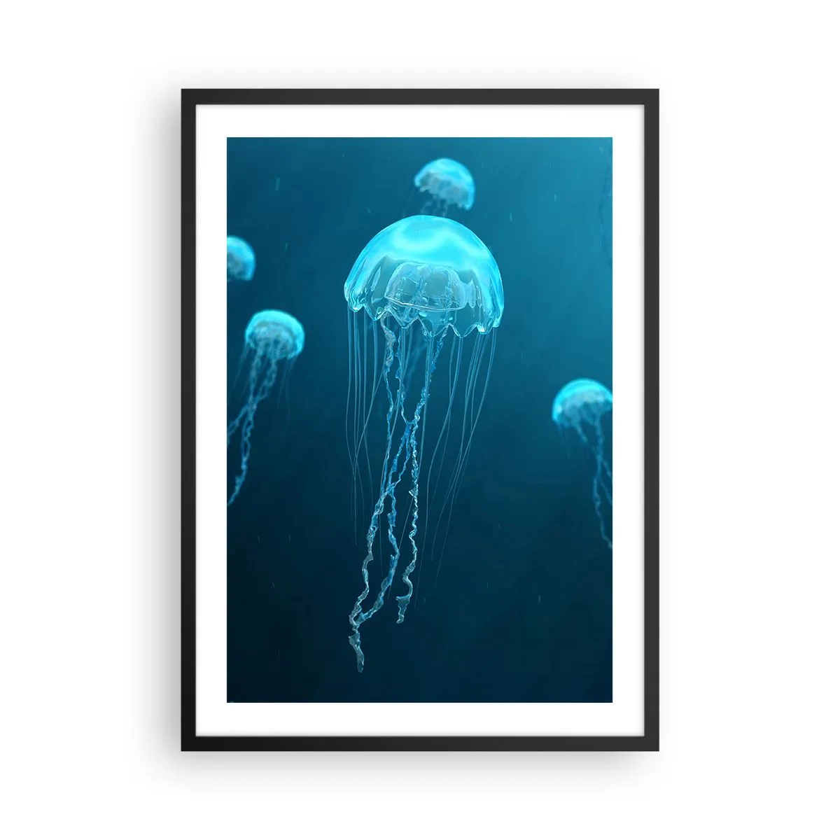 Póster en marco negro - Medusas flotando en las aguas azules del océano. - 50x70cm - Danza oceánica - Decoración de pared moderna para salón y dormitorio ARTTOR