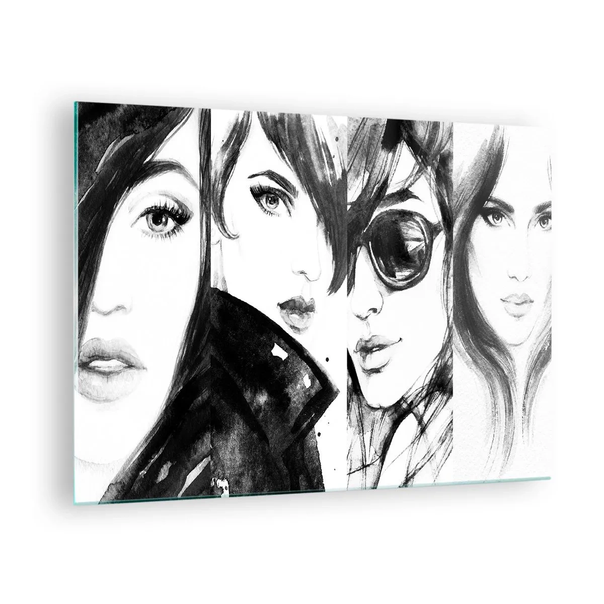 Cuadro sobre vidrio - Impresiones sobre Vidrio - Retratos esquemáticos de mujeres en blanco y negro - 70x50cm - La belleza multiplicada - Decoración de pared moderna para salón y dormitorio ARTTOR