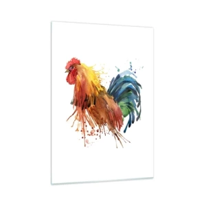 Cuadro sobre vidrio - Impresiones sobre Vidrio - Gallo de acuarela en colores vivos sobre un fondo blanco. - 50x70cm - Un manto real, un orgullo real - Decoración de pared moderna para salón y dormitorio ARTTOR