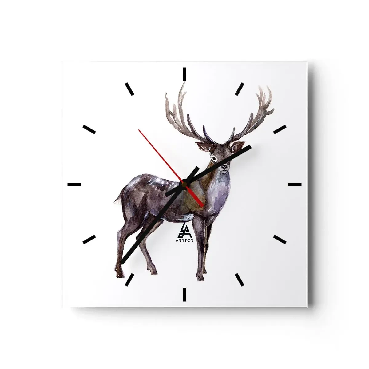 Reloj de pared - Reloj de vidrio - Ilustración en acuarela de un ciervo con astas majestuosas - 30x30cm - Rey de las Tierras Salvajes del Norte - Decoración de pared moderna para salón y dormitorio ARTTOR