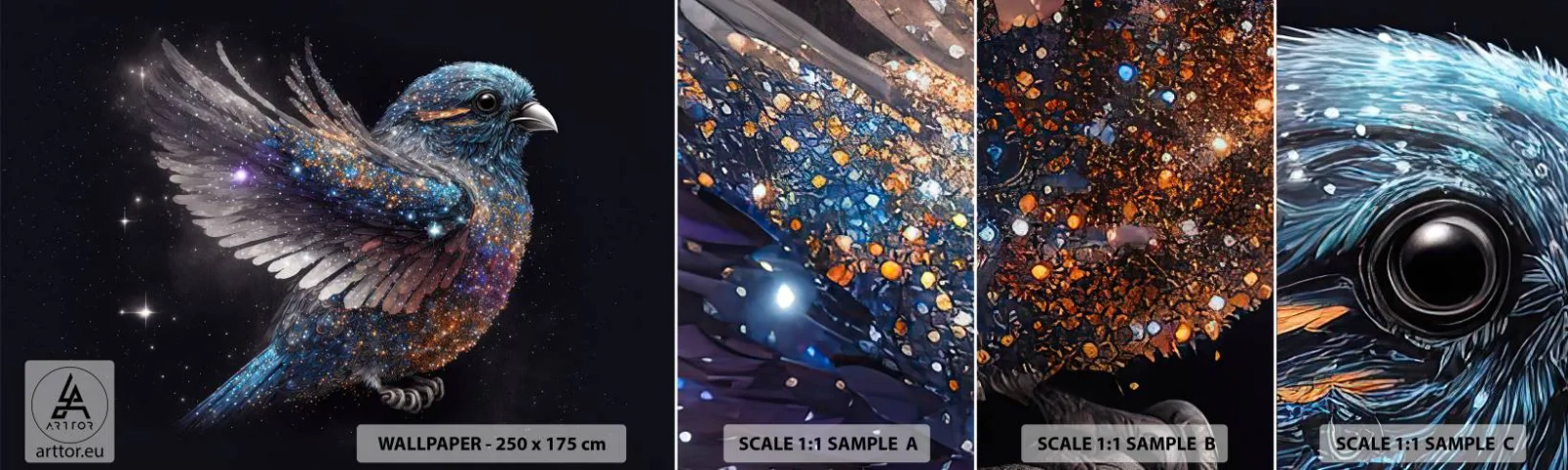 Muestra De Fotomural Standard Eco - Gorrión de diamante - Pájaro, magia, Cosmos - 100x30 cm