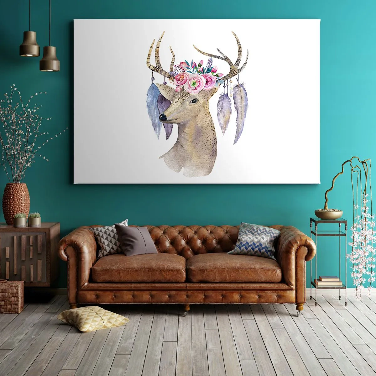 Cuadro sobre lienzo - Impresión de Imagen - Gráfico romántico de ciervo con flores y plumas. - 70x50cm - Guía del alma - gentil, inocente - Decoración de pared moderna para salón y dormitorio ARTTOR