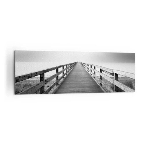 Cuadro sobre lienzo - Impresión de Imagen - Una imagen en blanco y negro de un embarcadero de madera que conduce hacia el horizonte. - 160x50cm - En la distancia... - Decoración de pared moderna para salón y dormitorio ARTTOR