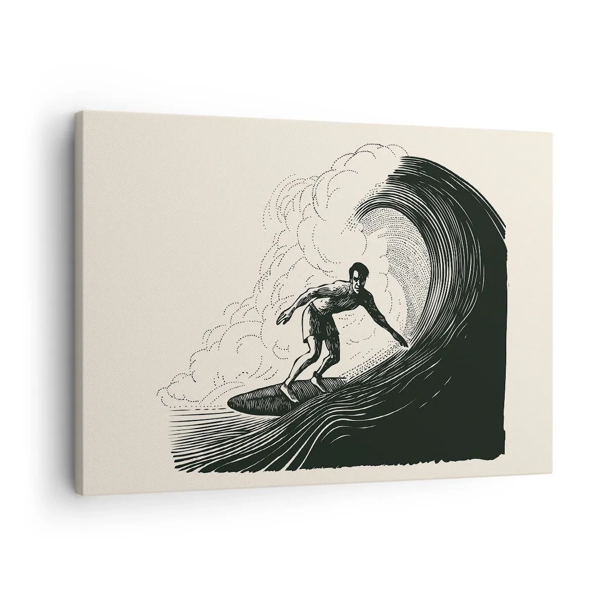 Cuadro sobre lienzo - Impresión de Imagen - Gráfico en blanco y negro de un surfista montando una ola. - 70x50cm - Rey de la ola - Decoración de pared moderna para salón y dormitorio ARTTOR