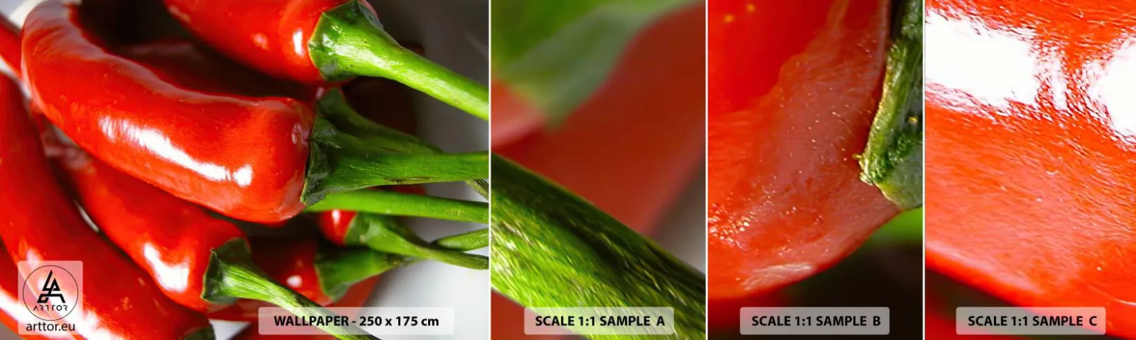 Muestra de fotomural autoadhesivo Deluxe Sticker - Jugoso, brillante, suave - Gastronomía, Pimienta, Verduras - 100x30 cm