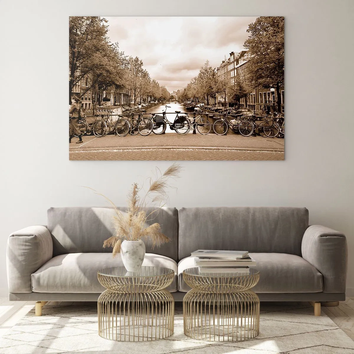 Cuadro sobre vidrio - Impresiones sobre Vidrio - Puente de Ámsterdam con bicicletas retro - 120x80cm - Holanda solo hay una - Decoración de pared moderna para salón y dormitorio ARTTOR