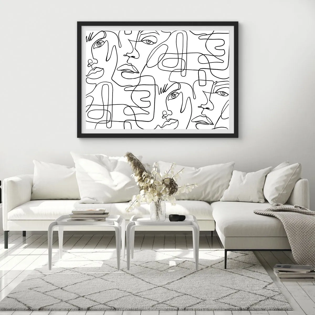 Póster en marco negro - Un dibujo minimalista de una cara con líneas sobre un fondo claro. - 70x50cm - Entre emociones enredadas - Decoración de pared moderna para salón y dormitorio ARTTOR