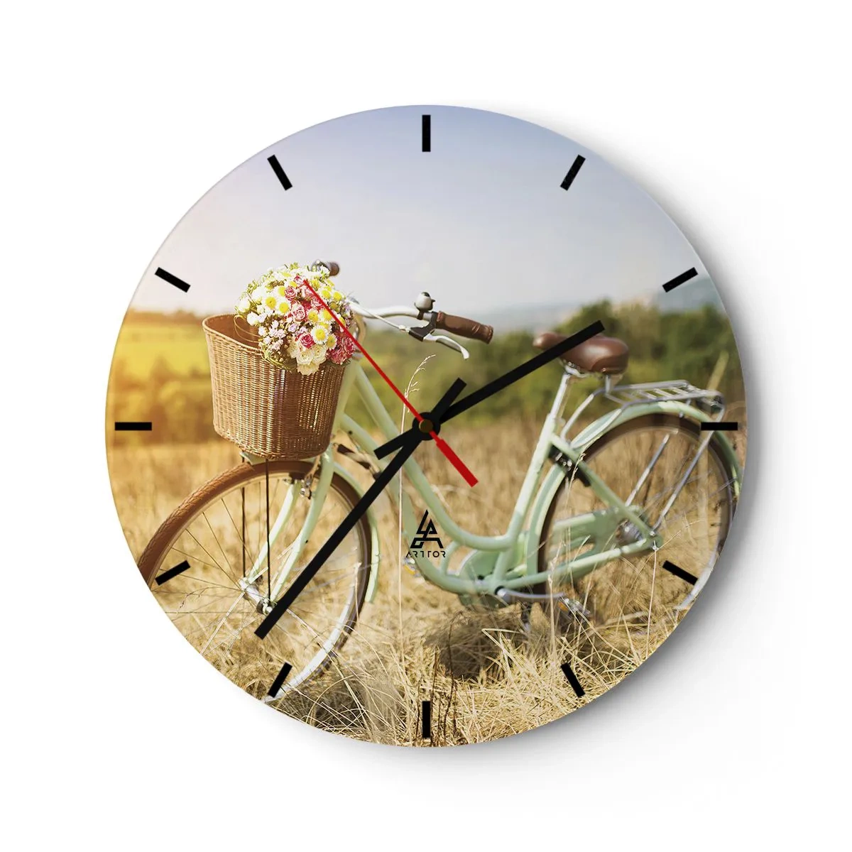 Reloj de pared - Reloj de vidrio - Una bicicleta con una cesta llena de flores en un campo en un día soleado. - 30x30cm - Me quedaré aquí un tiempo - Decoración de pared moderna para salón, cocina y dormitorio ARTTOR