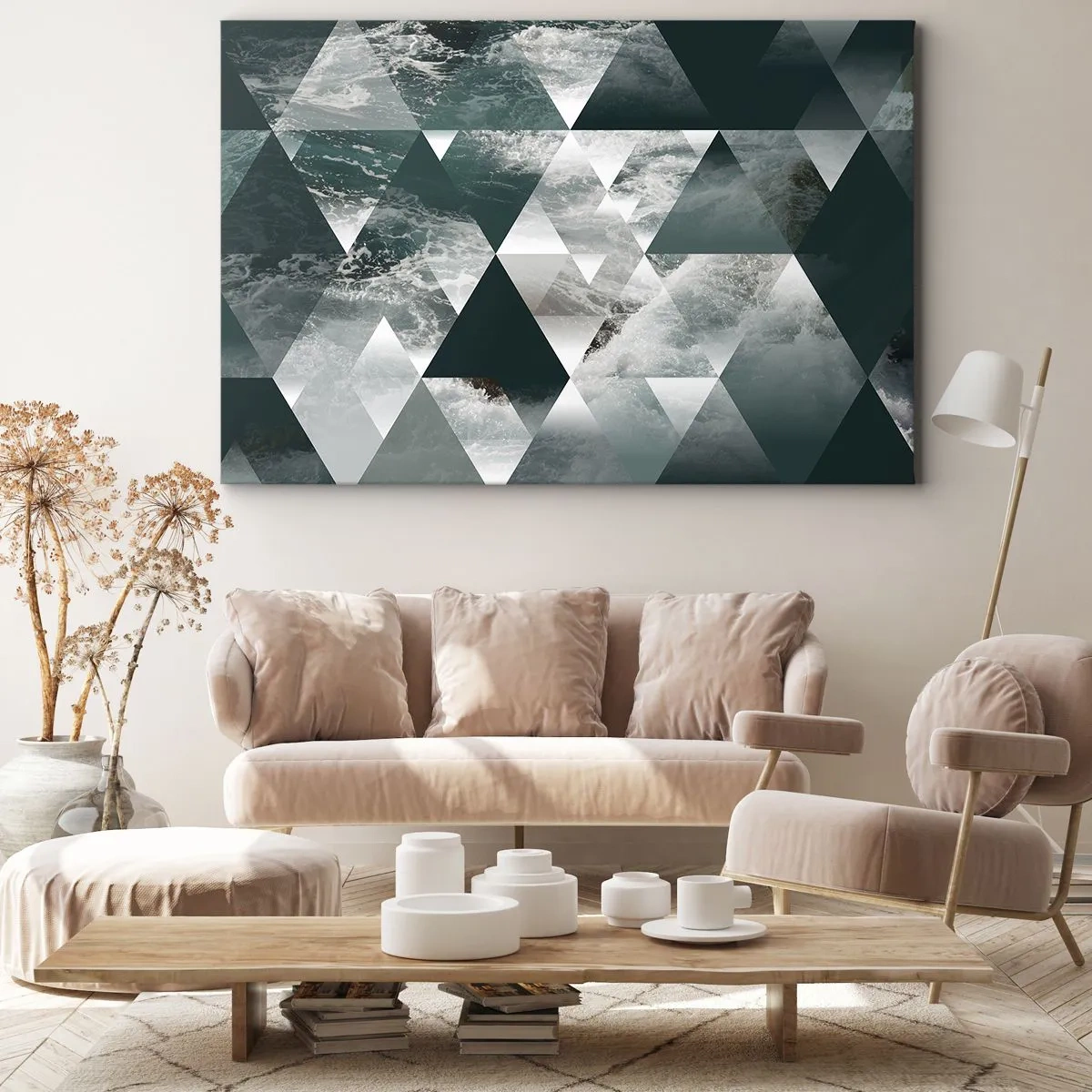 Cuadro sobre lienzo - Impresión de Imagen - Patrón geométrico con motivo de ondas en tonos verdes. - 70x50cm - Una perspectiva de cristal - Decoración de pared moderna para salón y dormitorio ARTTOR
