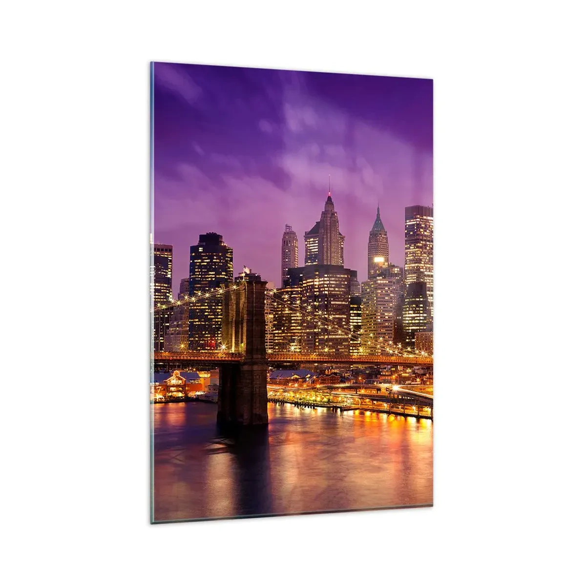 Cuadro sobre vidrio - Impresiones sobre Vidrio - Panorama de la ciudad con el puente a la luz del atardecer contra el cielo violeta. - 80x120cm - Manhattan púrpura y dorado - Decoración de pared moderna para salón y dormitorio ARTTOR