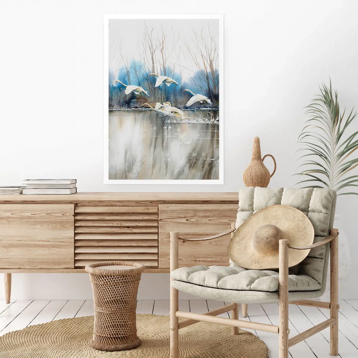 Póster - Una bandada de cisnes flotando sobre el agua en un estilo pictórico. - 50x70cm - Como en un cuento de cisnes salvajes - Decoración de pared moderna para salón y dormitorio ARTTOR