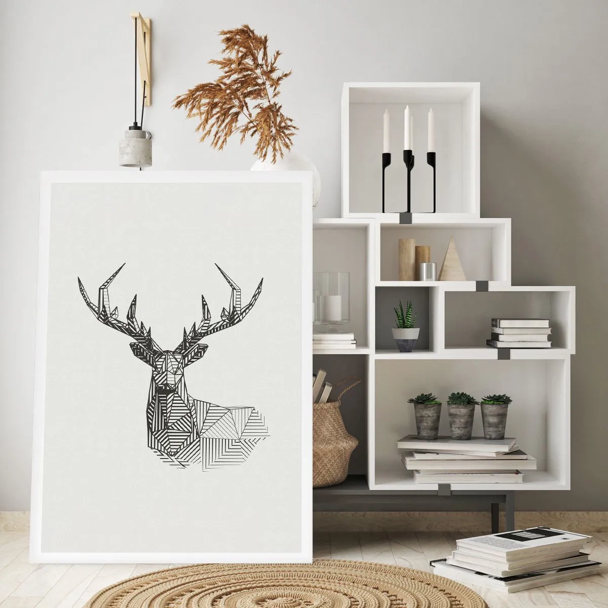Póster - Silueta geométrica de un ciervo en estilo blanco y negro. - 50x70cm - Ciervo en estilo cubista - Decoración de pared moderna para salón y dormitorio ARTTOR