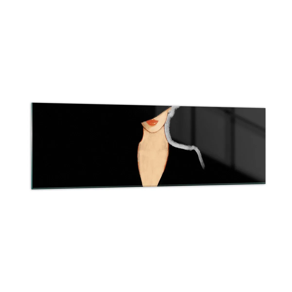 Cuadro sobre vidrio - Impresiones sobre Vidrio - Silueta de una mujer con sombrero sobre un fondo negro - 160x50cm - Elegancia y estilo - Decoración de pared moderna para salón y dormitorio ARTTOR