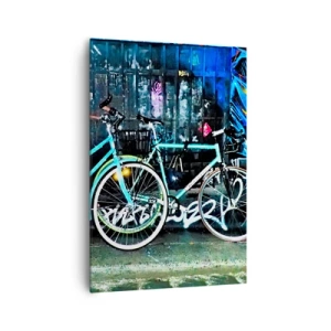 Cuadro sobre lienzo - Impresión de Imagen - Dos bicicletas turquesas sobre un fondo de grafiti urbano. - 70x100cm - La ciudad llama - Decoración de pared moderna para salón y dormitorio ARTTOR