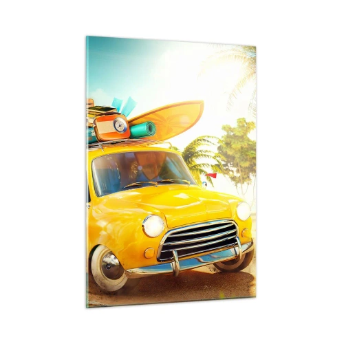 Cuadro sobre vidrio - Impresiones sobre Vidrio - Un coche amarillo con equipaje en el techo en una playa tropical. - 50x70cm - Un viaje para más de una sonrisa - Decoración de pared moderna para salón y dormitorio ARTTOR