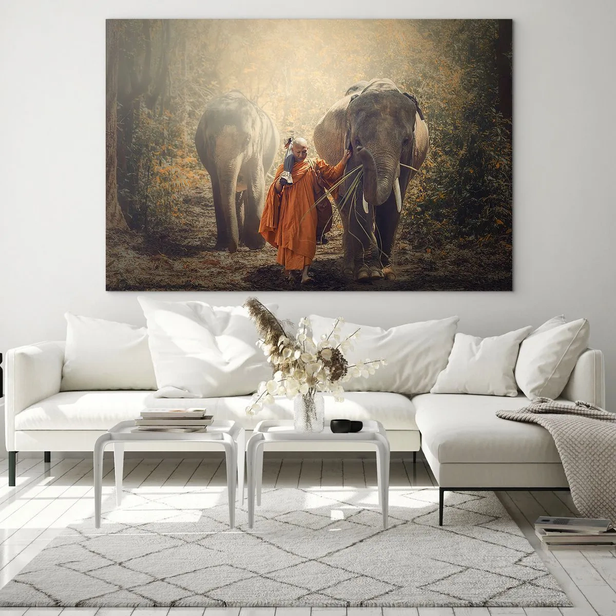 Cuadro sobre vidrio - Impresiones sobre Vidrio - Un monje con dos elefantes en un entorno forestal. - 70x50cm - Comprensión total - Decoración de pared moderna para salón y dormitorio ARTTOR