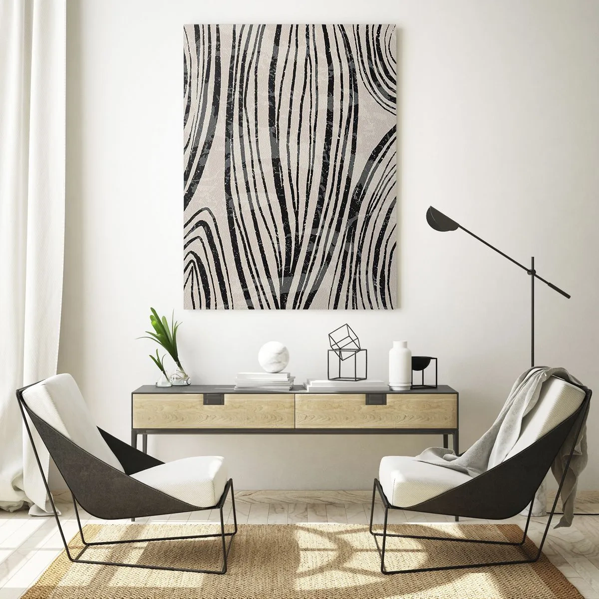 Cuadro sobre vidrio - Impresiones sobre Vidrio - Ondas abstractas en tonos blanco y negro - 80x120cm - Salpicadura de líneas - Decoración de pared moderna para salón y dormitorio ARTTOR