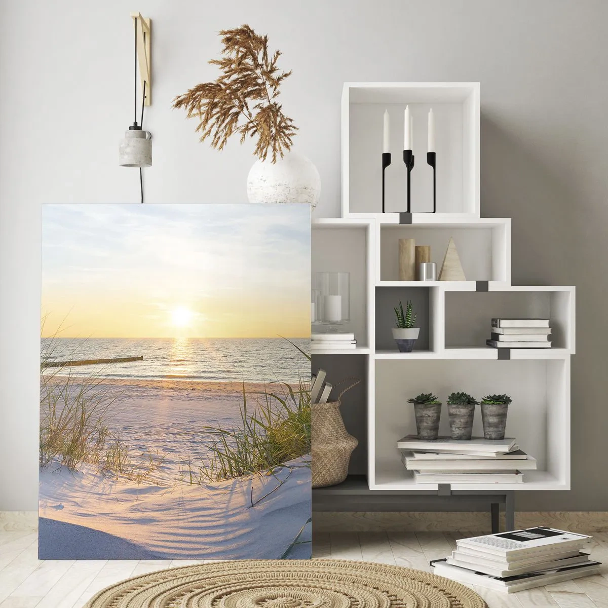 Cuadro sobre vidrio - Impresiones sobre Vidrio - Una playa de arena con vistas a la puesta de sol sobre el mar. - 80x120cm - El sonido del mar, el canto de los pájaros, una playa virgen entre las dunas... - Decoración de pared moderna para salón y dormito
