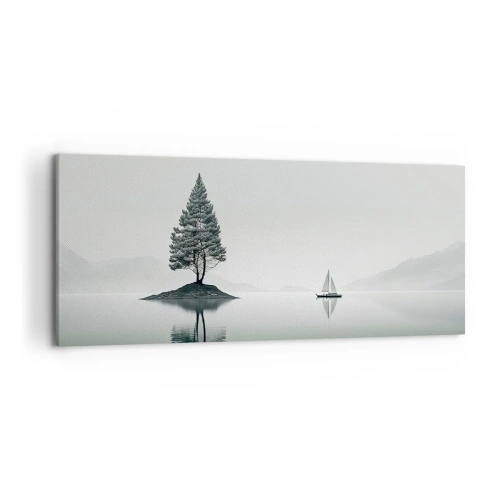 Cuadro sobre lienzo - Impresión de Imagen - Un paisaje minimalista con un árbol en una isla y un velero. - 120x50cm - Un sueño hecho realidad - Decoración de pared moderna para salón y dormitorio ARTTOR