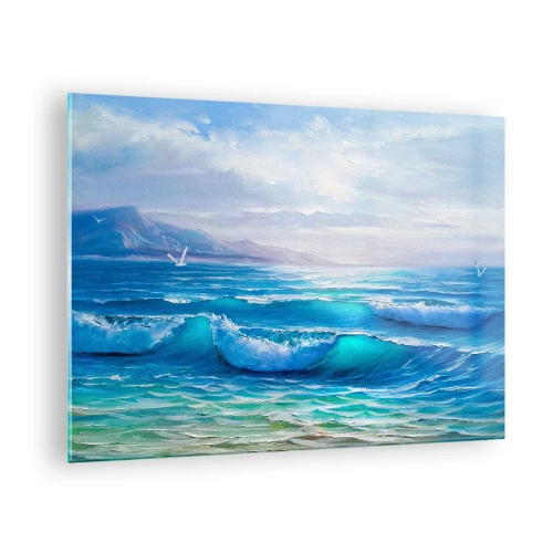 Cuadro sobre vidrio - Impresiones sobre Vidrio - Olas azules del mar golpeando la orilla en un día soleado - 70x50cm - Trae consuelo - Decoración de pared moderna para salón y dormitorio ARTTOR