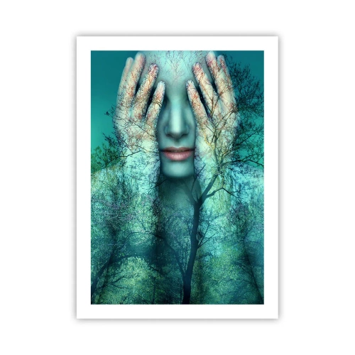 Póster - Un rostro de mujer con un paisaje forestal en estilo de doble exposición. - 50x70cm - Sumergida en azul - Decoración de pared moderna para salón y dormitorio ARTTOR
