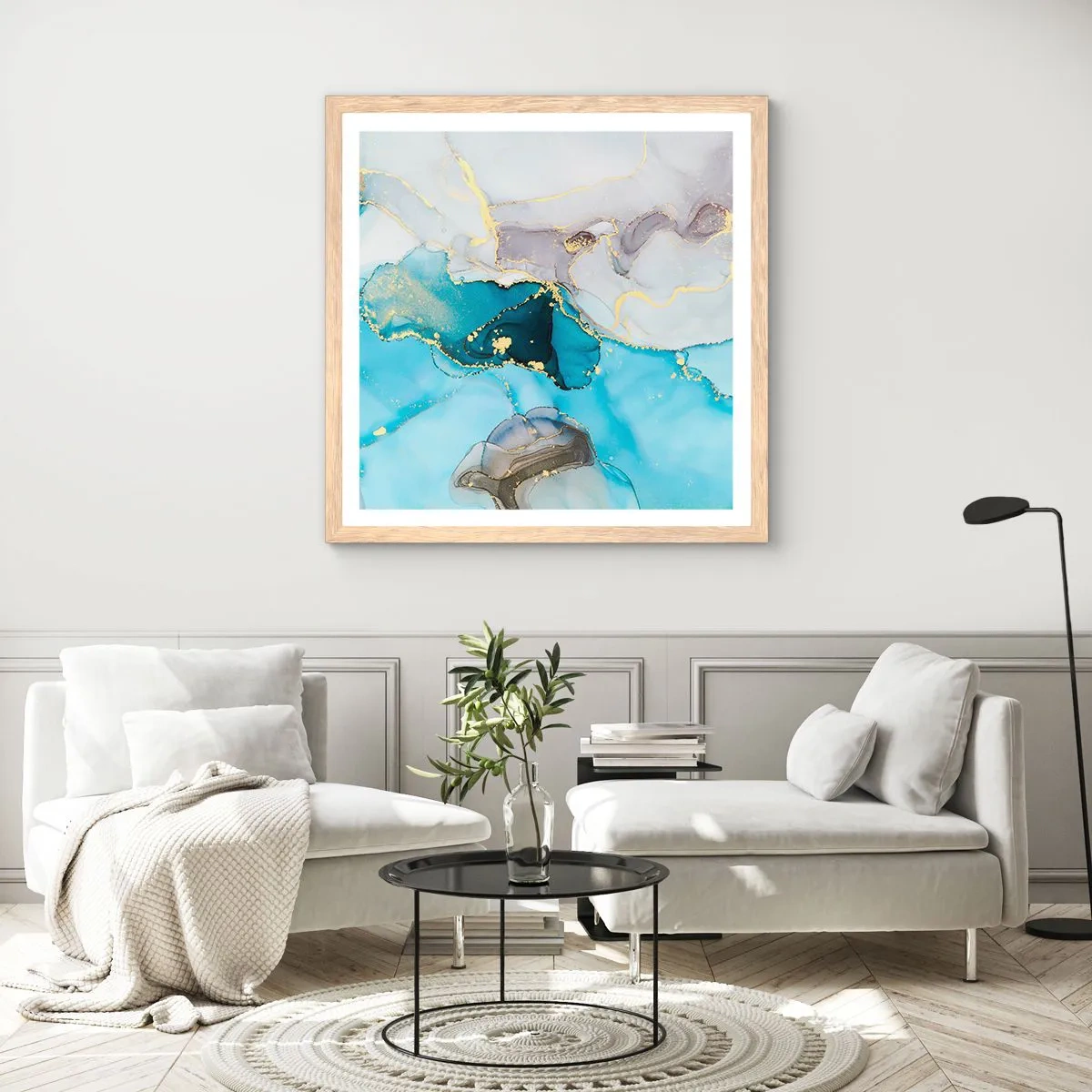 Póster en marco roble claro - Un estudio del encuentro entre el gris y el turquesa - 60x60 cm