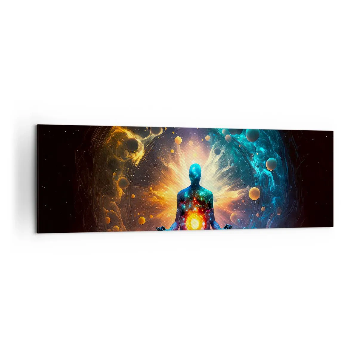 Cuadro sobre lienzo - Impresión de Imagen - Una figura en meditación rodeada de un aura cósmica. - 160x50cm - Tranquilidad cósmica - Decoración de pared moderna para salón y dormitorio ARTTOR