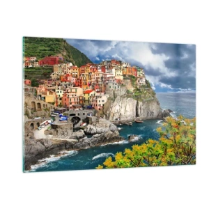 Cuadro sobre vidrio - Impresiones sobre Vidrio - Un pueblo colorido en un acantilado junto al mar. - 120x80cm - En el acantilado - Decoración de pared moderna para salón y dormitorio ARTTOR