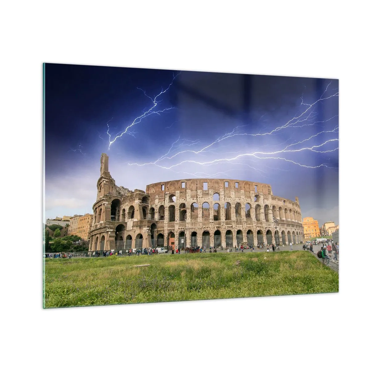 Cuadro sobre vidrio - Impresiones sobre Vidrio - El Coliseo de Roma durante una tormenta eléctrica - 100x70cm - Arena de guerreros - Decoración de pared moderna para salón y dormitorio ARTTOR