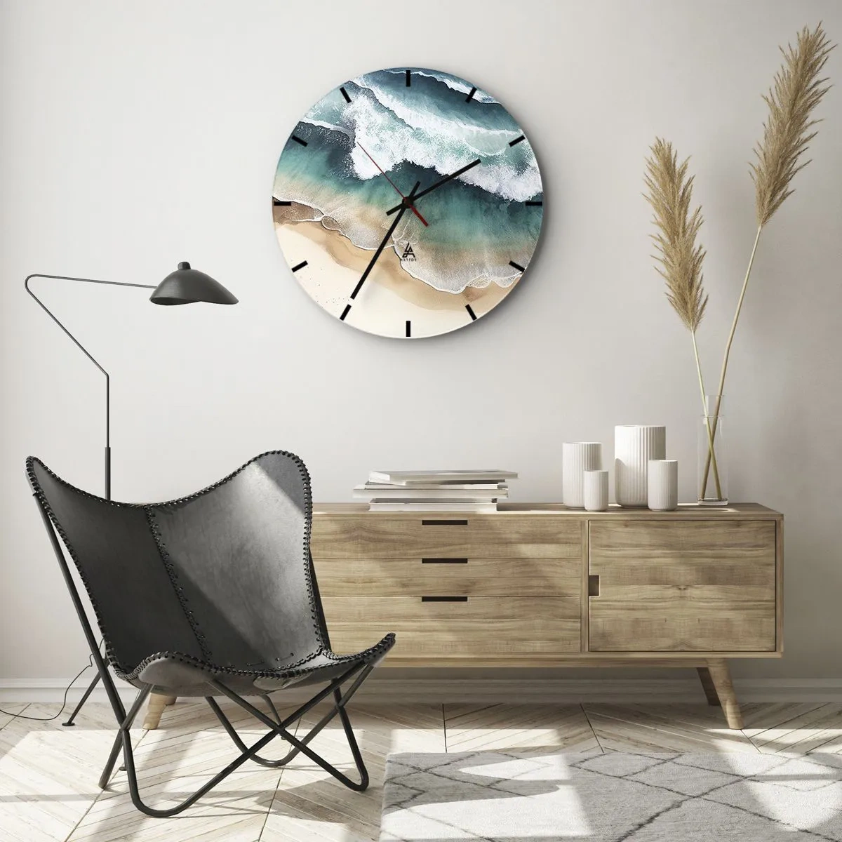 Reloj de pared - Reloj de vidrio - Olas del mar rompiendo en una playa de arena a vista de pájaro - 30x30cm - Un encuentro eterno - Decoración de pared moderna para salón, cocina y dormitorio ARTTOR