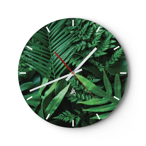 Reloj de pared - Reloj de vidrio - Las hojas verdes tropicales crean una composición densa y natural. - 30x30cm - Abrazo verde - Decoración de pared moderna para salón, cocina y dormitorio ARTTOR