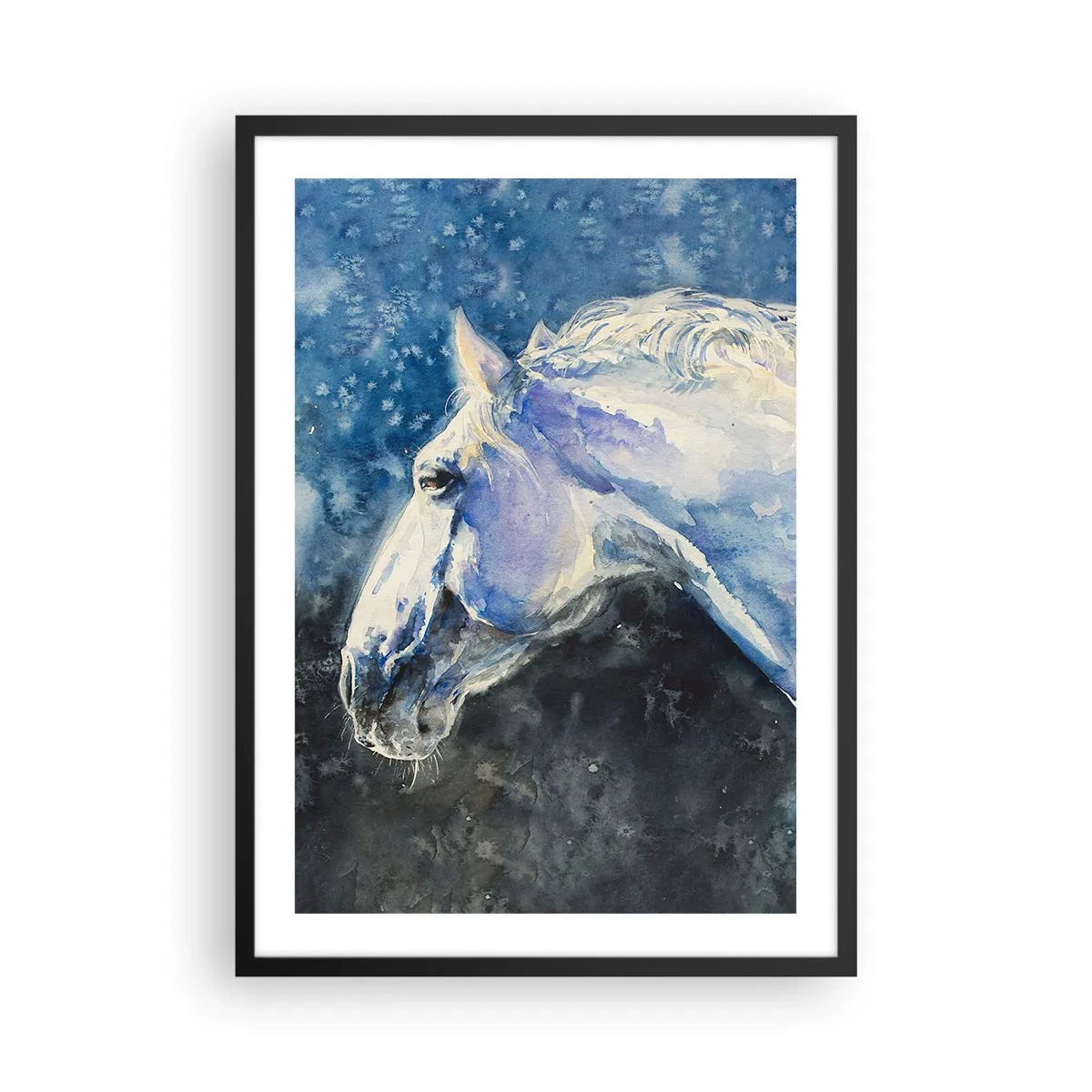 Póster en marco negro - Retrato de un caballo en tonos azules de acuarela. - 50x70cm - Retrato en un resplandor azul - Decoración de pared moderna para salón y dormitorio ARTTOR