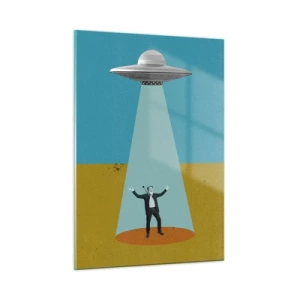 Cuadro sobre vidrio - Impresiones sobre Vidrio - Un hombre a la luz de un platillo espacial sobre un fondo colorido. - 50x70cm - Un encuentro cercano - Decoración de pared moderna para salón y dormitorio ARTTOR