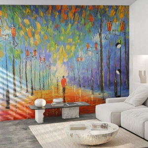 Fotomural Premium Canvas - Un pintoresco paseo entre los faroles en una noche lluviosa. - 100x70cm - La canción nocturna de la lluvia - Decoración de pared moderna para salón y dormitorio ARTTOR
