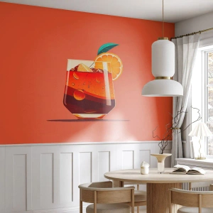 Fotomural Premium Sand - Un vaso de bebida de verano con una naranja sobre un fondo color coral. - 100x70cm - Refresco de verano - Decoración de pared moderna para salón y dormitorio ARTTOR