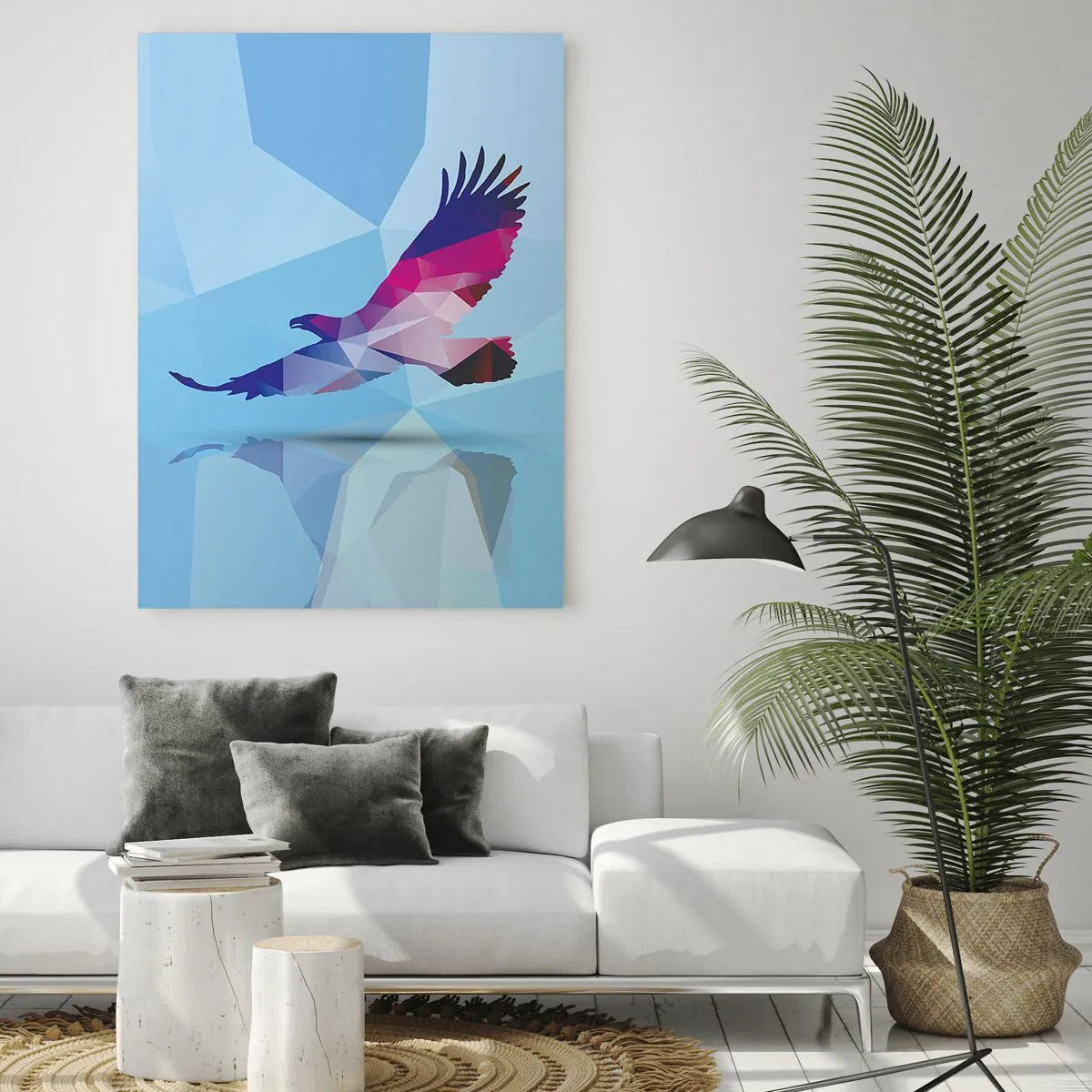 Cuadro sobre vidrio - Impresiones sobre Vidrio - Águila geométrica sobre fondo azul - 50x70cm - Águila en cristal lila - Decoración de pared moderna para salón y dormitorio ARTTOR