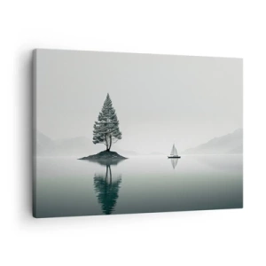 Cuadro sobre lienzo - Impresión de Imagen - Un paisaje minimalista con un árbol en una isla y un velero. - 70x50cm - Un sueño hecho realidad - Decoración de pared moderna para salón y dormitorio ARTTOR