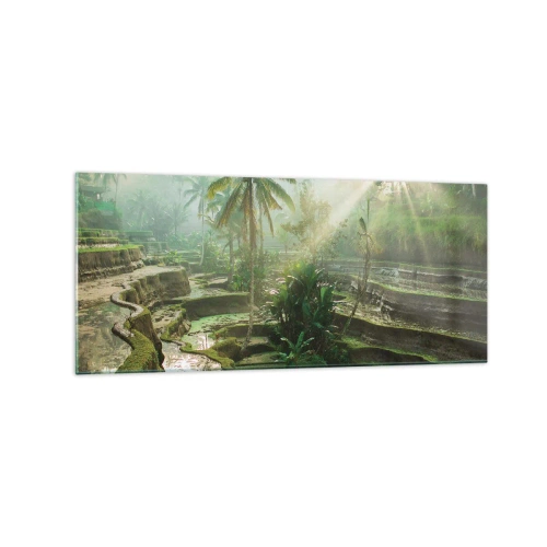 Cuadro sobre vidrio - Impresiones sobre Vidrio - Terrazas de arroz con palmeras bajo los rayos del sol - 120x50cm - Crecer bajo el sol - Decoración de pared moderna para salón y dormitorio ARTTOR