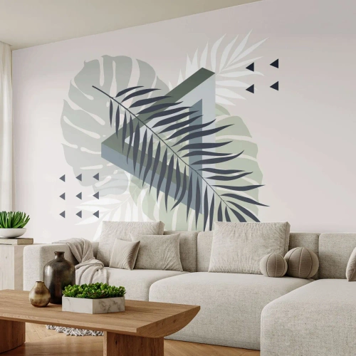 Fotomural Premium Sand - Abstracción moderna con hojas tropicales. - 100x70cm - Naturaleza y geometría - Decoración de pared moderna para salón y dormitorio ARTTOR