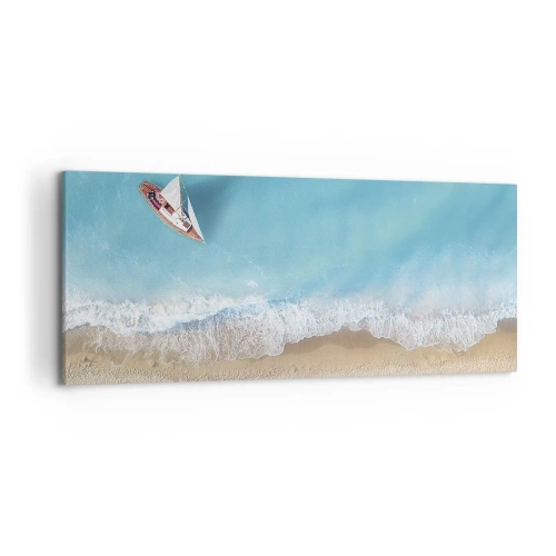 Cuadro sobre lienzo - Impresión de Imagen - Una vista de pájaro de un barco en la playa. - 120x50cm - Frontera celeste y dorada - Decoración de pared moderna para salón y dormitorio ARTTOR
