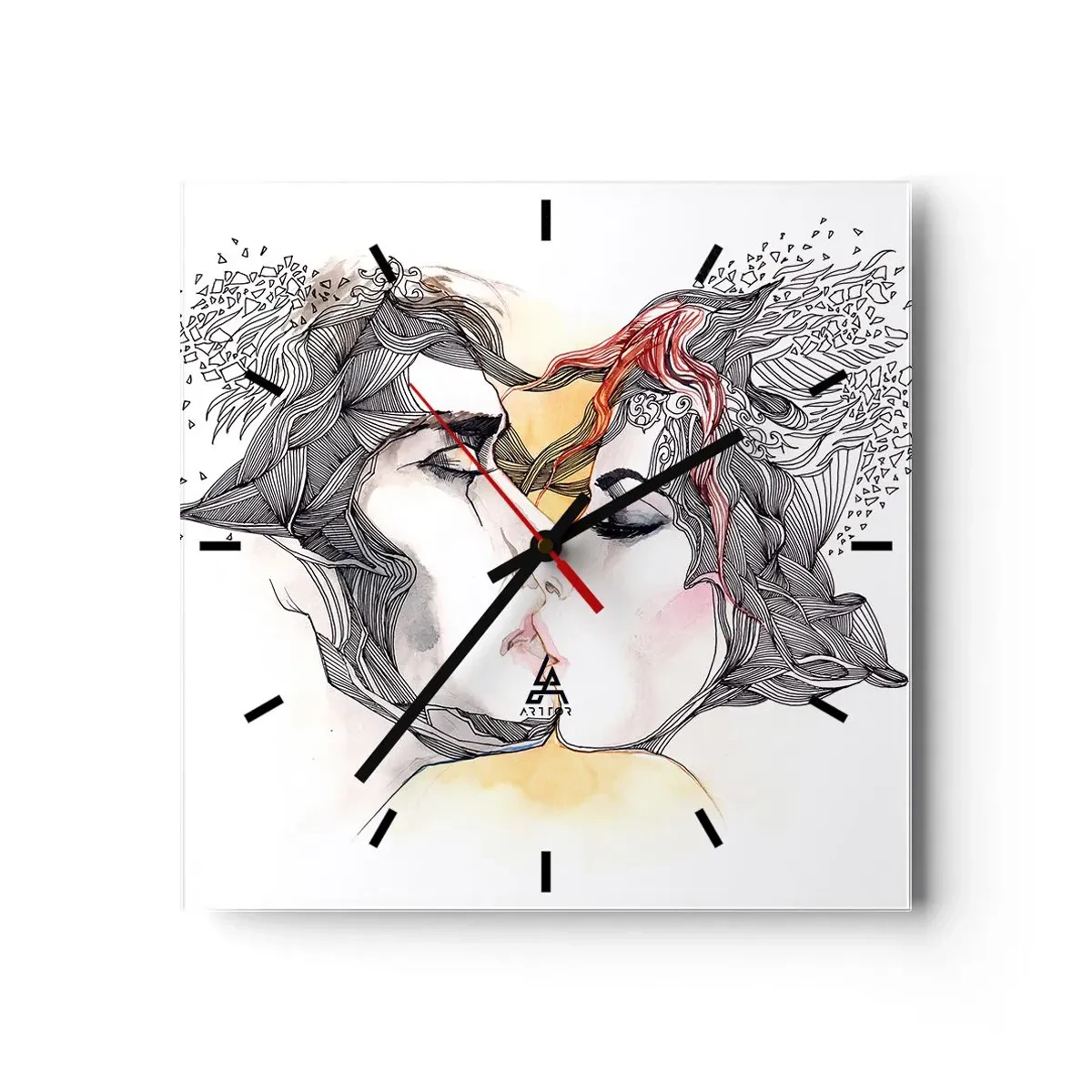 Reloj de pared - Reloj de vidrio - Retrato artístico de una pareja con motivos abstractos en el cabello. - 30x30cm - El mundo no importa - Decoración de pared moderna para salón y dormitorio ARTTOR