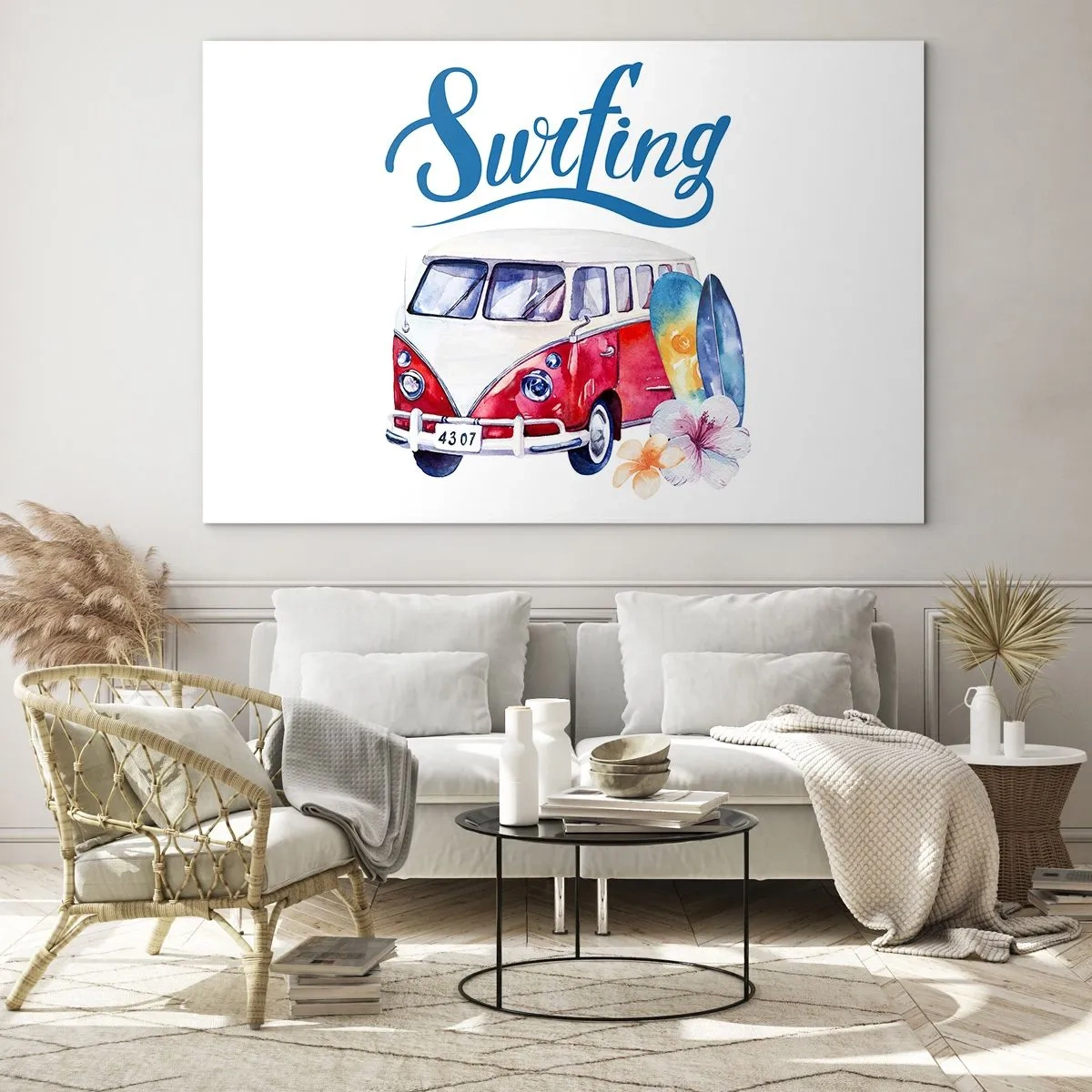 Cuadro sobre vidrio - Impresiones sobre Vidrio - Tema de surf con furgoneta y tablas. - 120x80cm - Un clásico para los surfistas - Decoración de pared moderna para salón y dormitorio ARTTOR