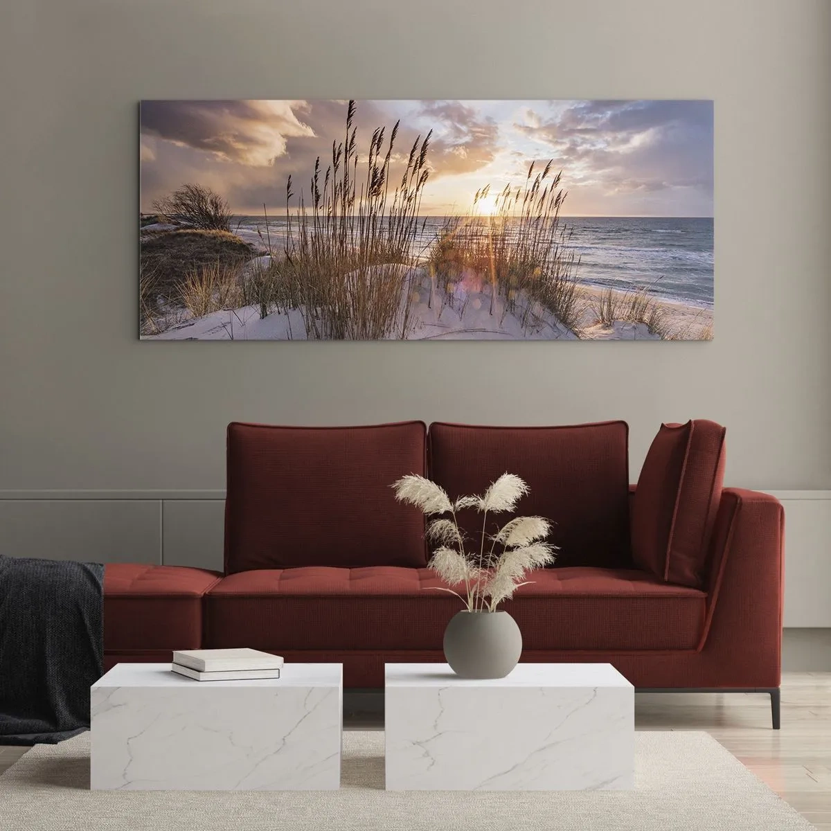 Cuadro sobre vidrio - Impresiones sobre Vidrio - Dunas con hierbas con el sol poniente como telón de fondo - 120x50cm - Adiós al sol y al viento - Decoración de pared moderna para salón y dormitorio ARTTOR