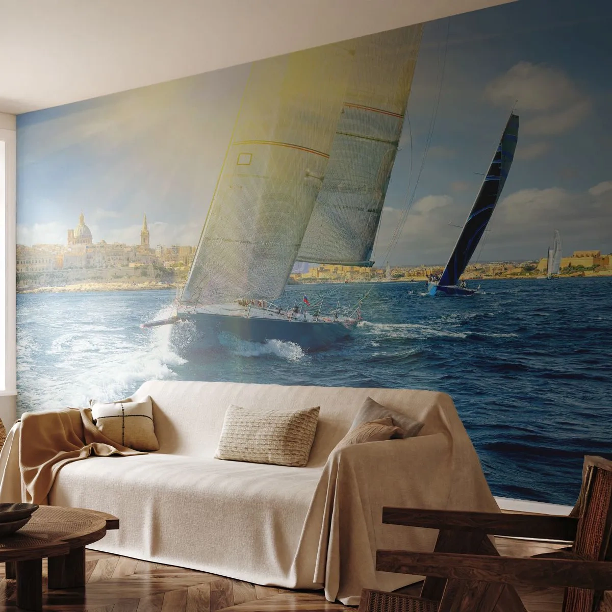 Fotomural Premium Canvas - Regata con el telón de fondo de una costa soleada - 100x70cm - Hora de abandonar la ciudad - Decoración de pared moderna para salón y dormitorio ARTTOR