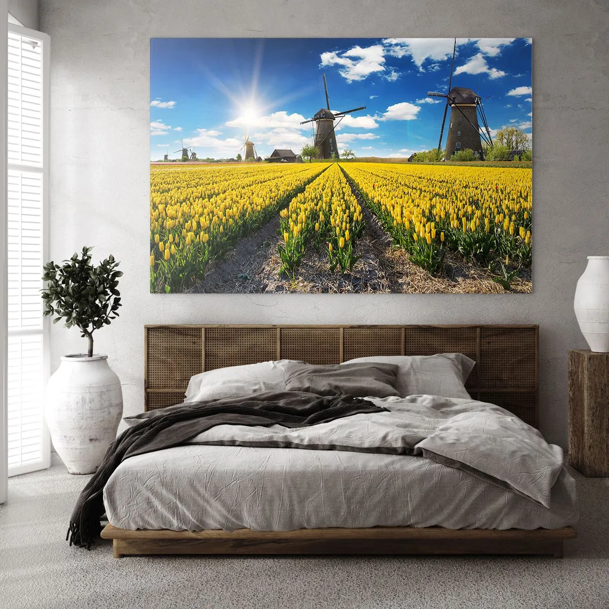 Cuadro sobre vidrio - Impresiones sobre Vidrio - Un campo de tulipanes amarillos con molinos de viento al fondo en un día soleado. - 120x80cm - No podría ser más holandés - Decoración de pared moderna para salón y dormitorio ARTTOR