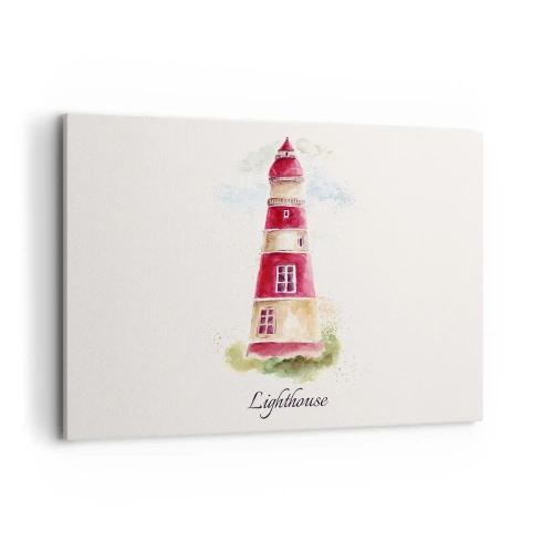 Cuadro sobre lienzo - Impresión de Imagen - Una pintura de acuarela de un faro sobre un fondo claro con una inscripción. - 120x80cm - Siempre observando - Decoración de pared moderna para salón y dormitorio ARTTOR